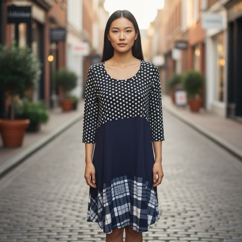 Frumos Navy Polka Dot and Plaid Women's tiered tunic top blue size M medium